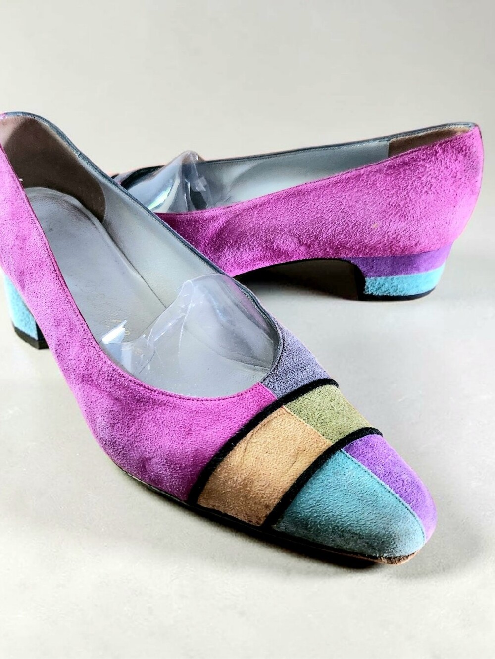 Vintage 80s Delman Colorblock Suede Leather Heels Womens 8.5 Aqua Purple Magenta